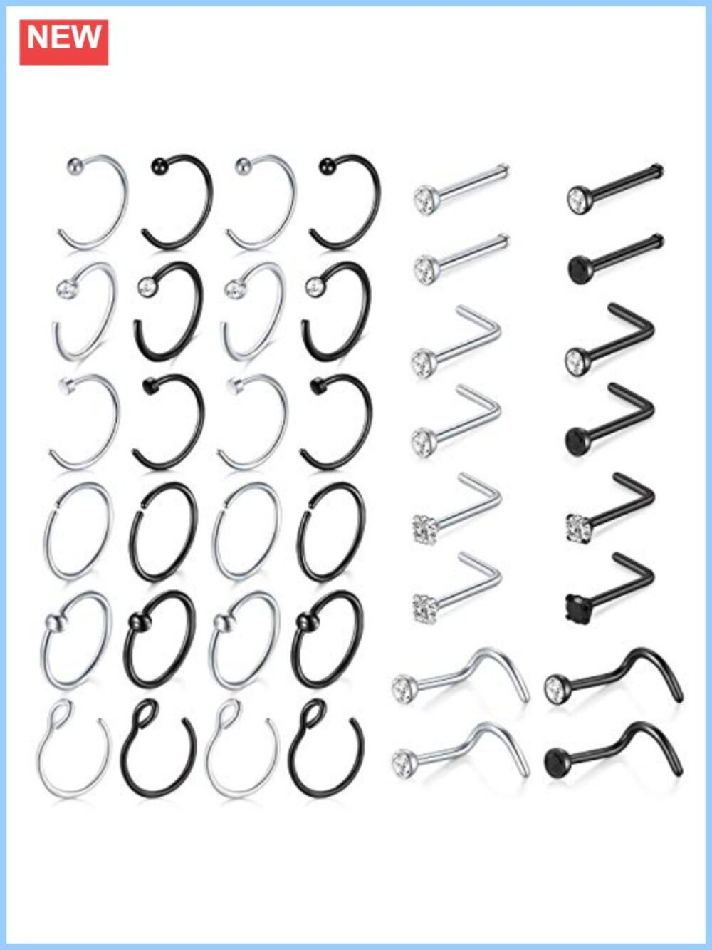 18G Surgical Stainless Steel Nose Rings Studs L Shaped Piercing Jewelry 40pc Set